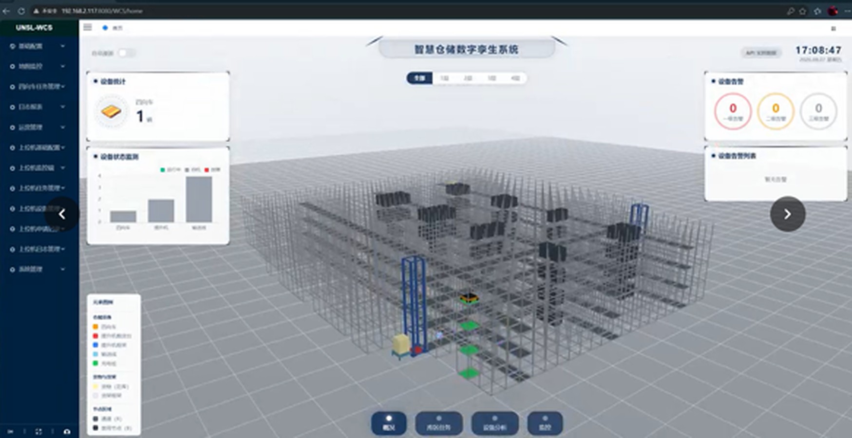 Neuris WCS digital twin showing a 3D rendered warehouse with racking, stacker crane and shuttle positions, alongside live device counters and an equipment status breakdown.